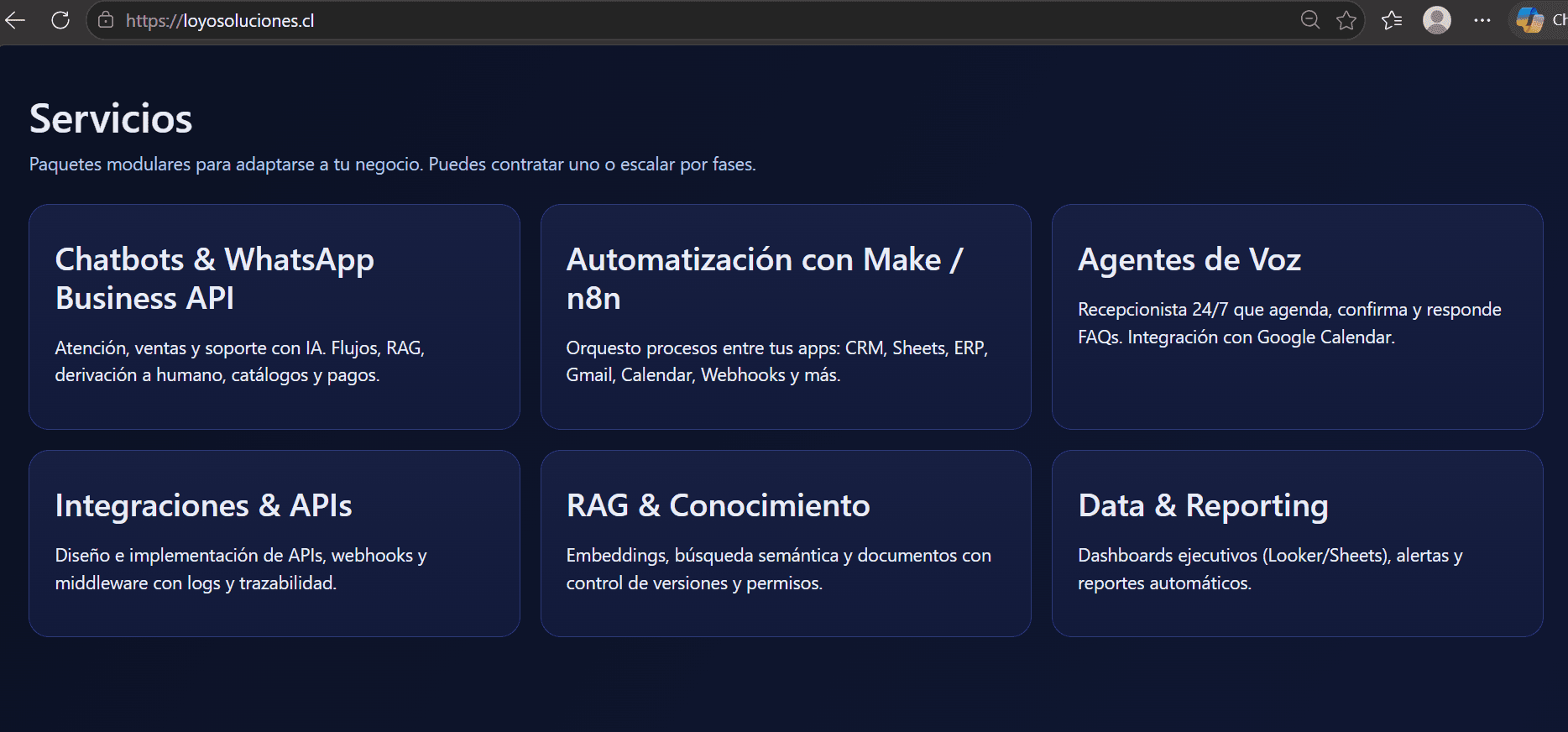 Vista de los servicios de automatización e IA de Loyo Soluciones